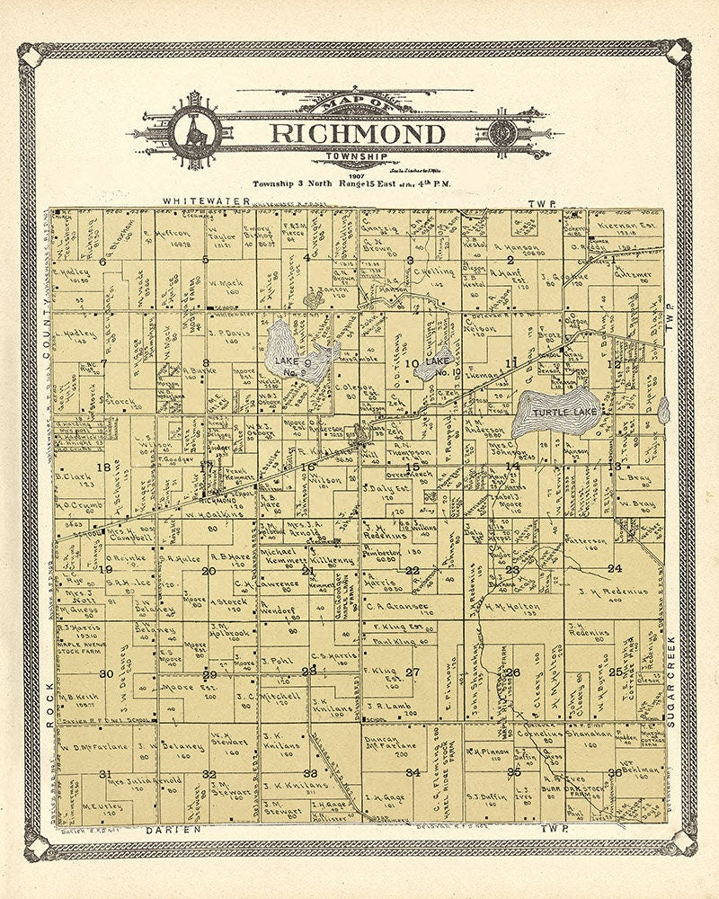 1907 Map of Richmond Township Walworth County Wisconsin