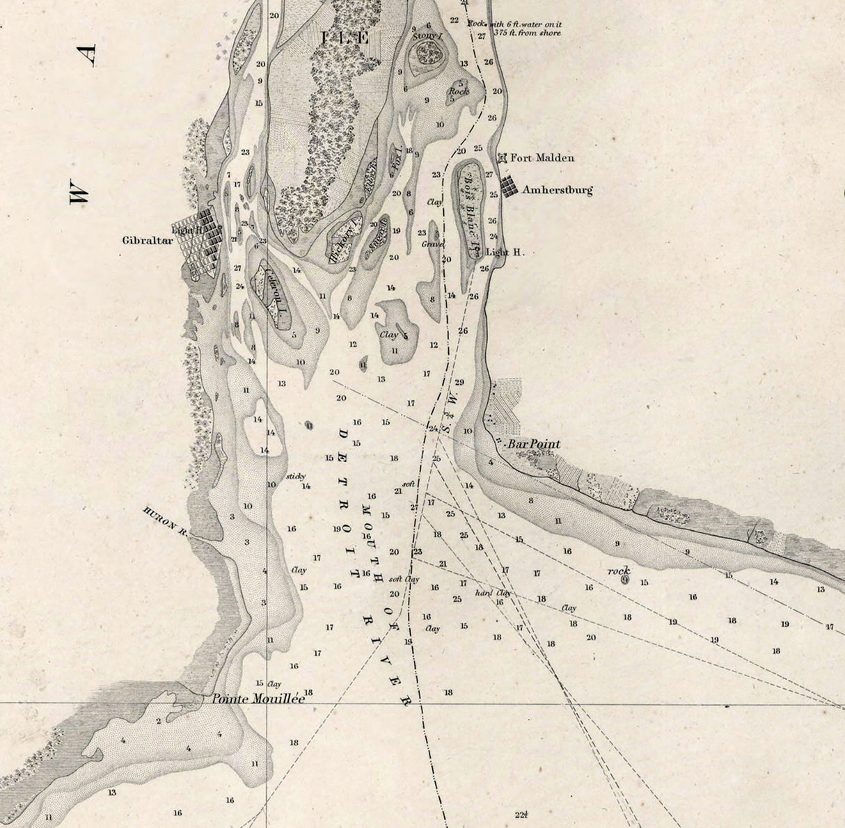 1852 Nautical Chart Map of West End Lake Erie and Detroit River
