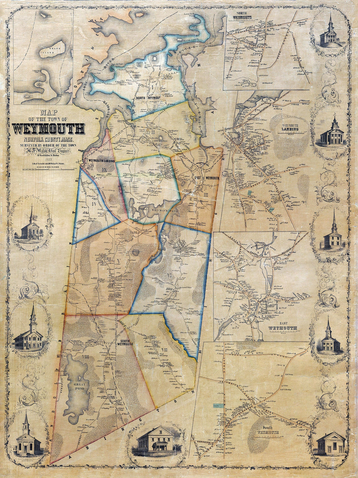 1853 Town Map of Weymouth Norfolk County Massachusetts