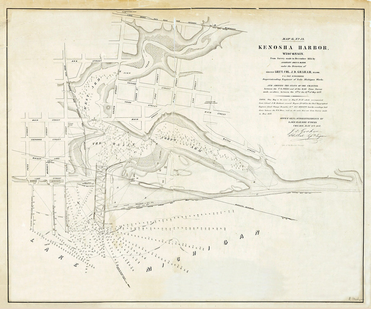 1857 Map of Kenosha Wisconsin Harbor Lake Michigan