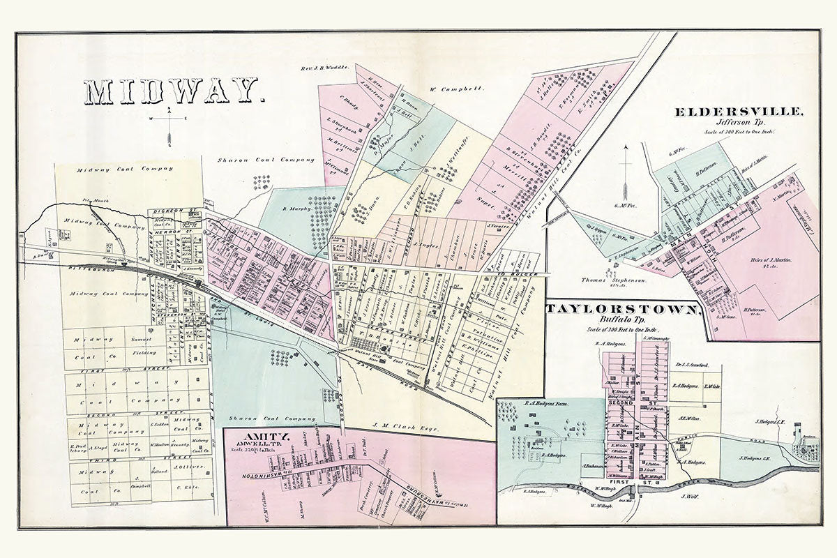 1876 Map of Midway Amity Taylorstown Eldersville Washington County Pa