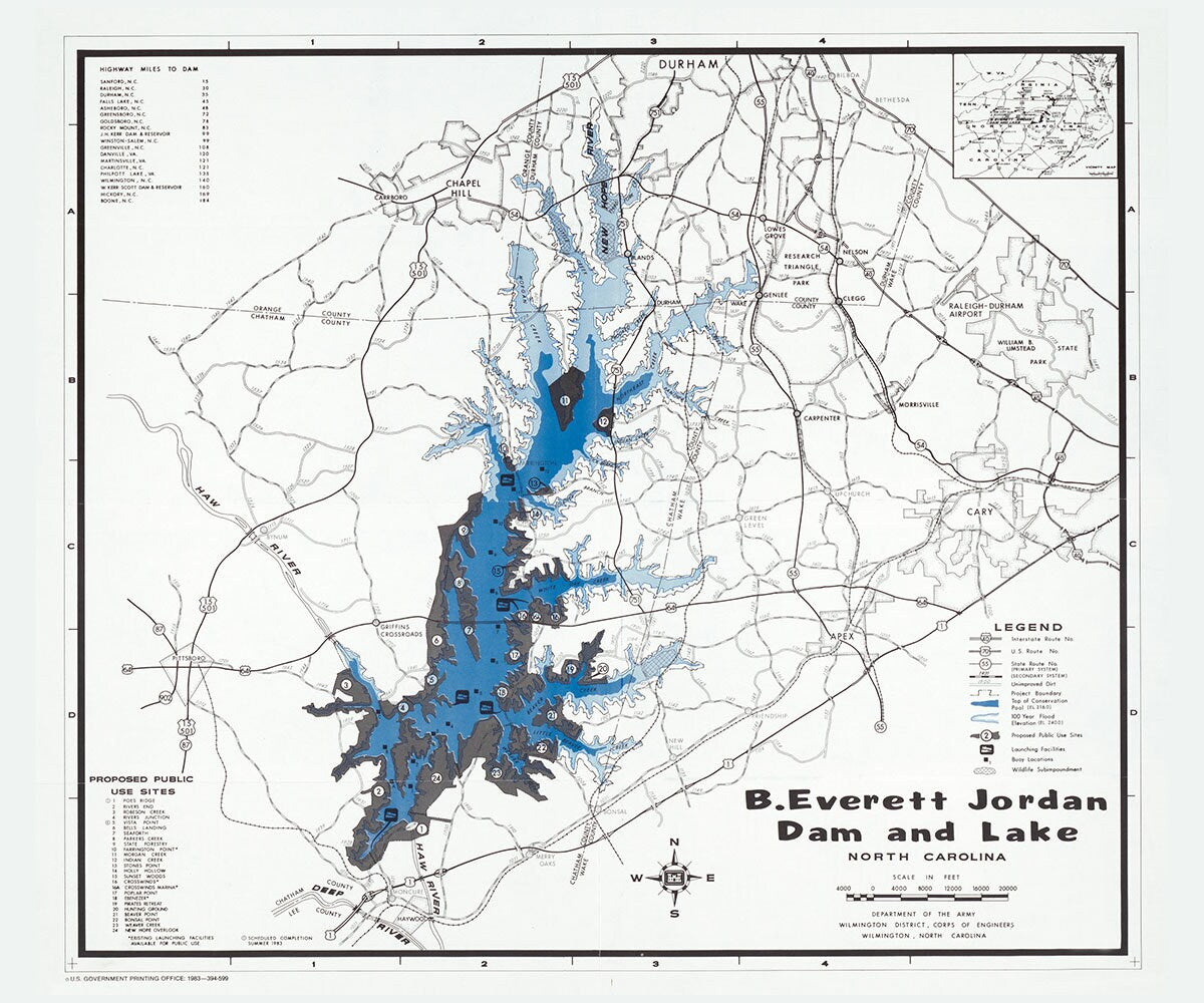 1983 Map of B Everett Jordan Dam and Lake North Carolina