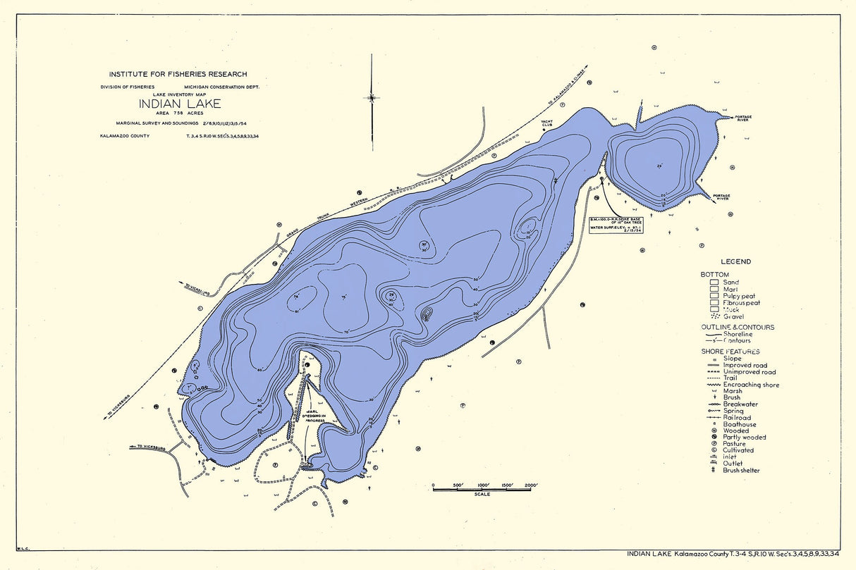 1954 Map of Indian Lake Kalamazoo County Michigan