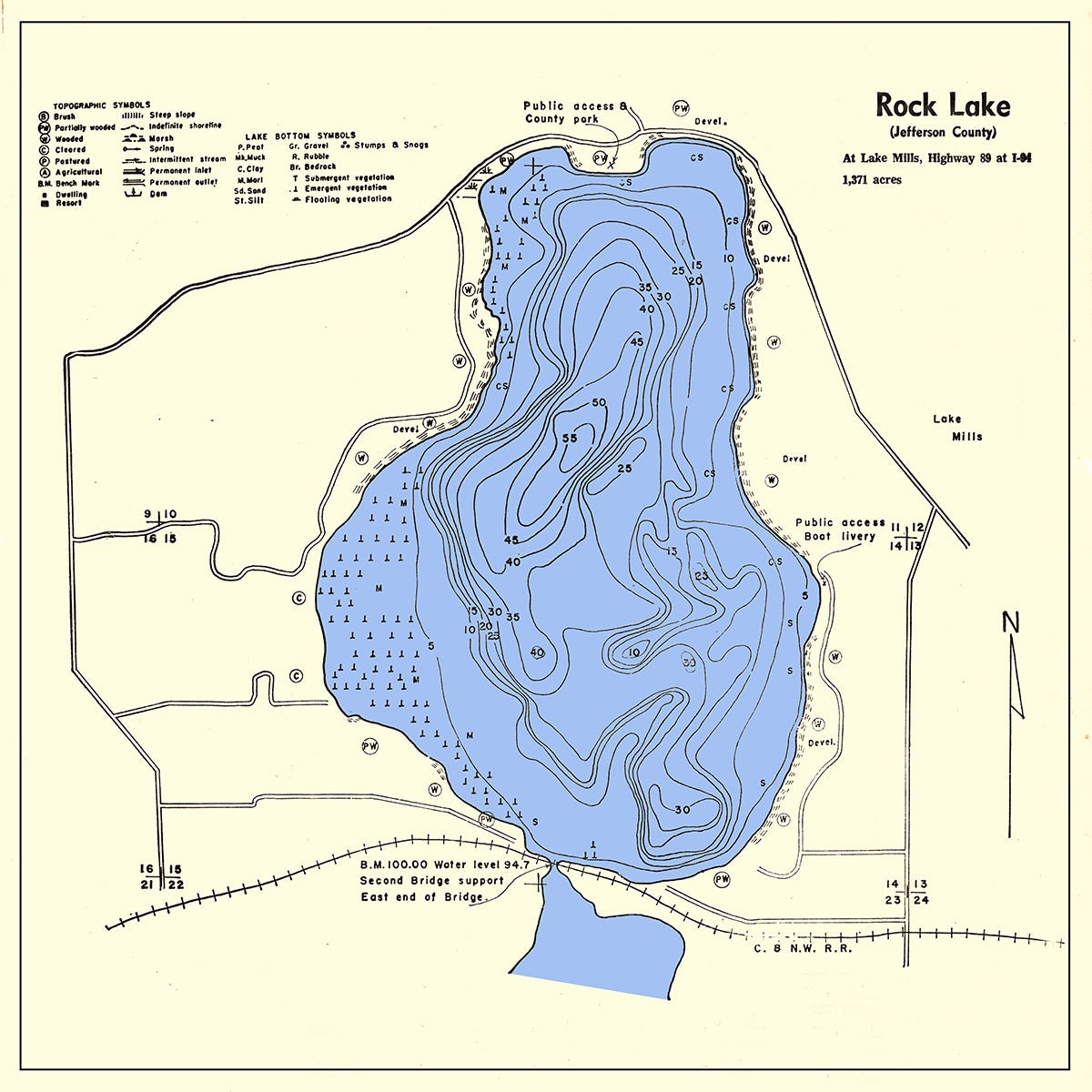 1970 Map of Rock Lake Jefferson County Wisconsin Lake Mills