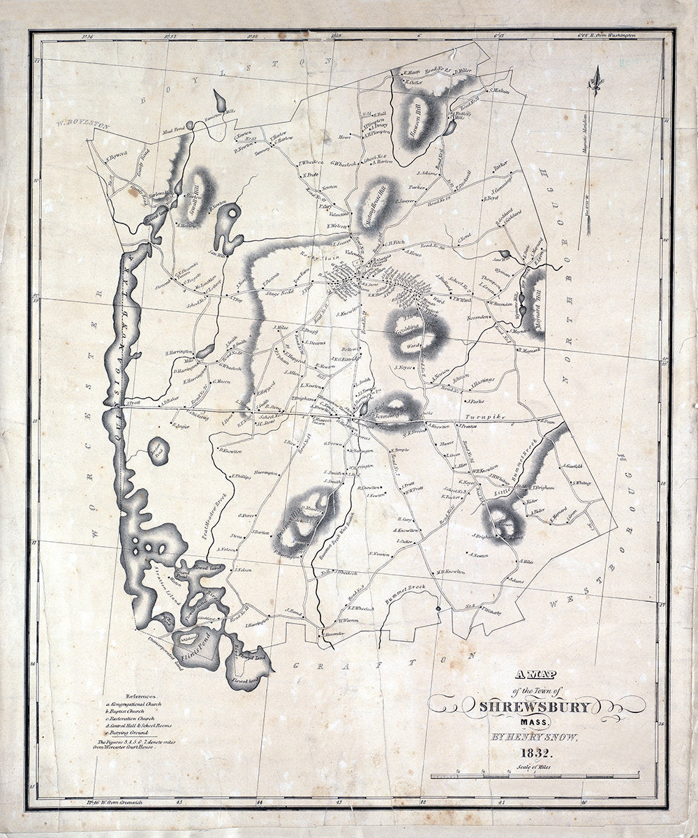 1832 Town Map of Shrewsbury Worcester County Massachusetts