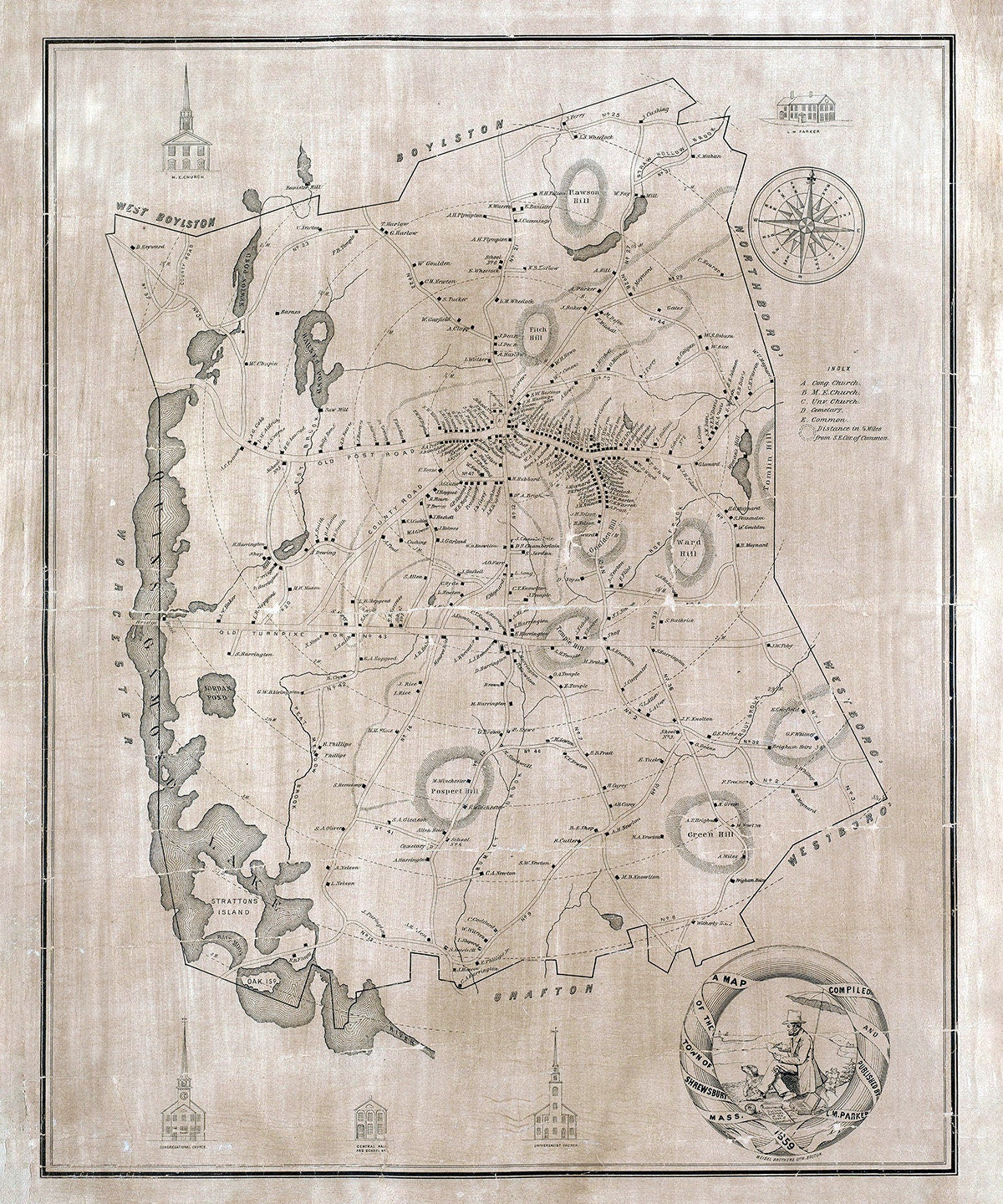 1859 Town Map of Shrewsbury Worcester County Massachusetts