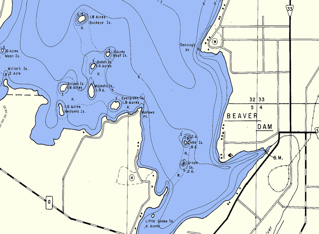 1972 Map of Beaver Dam Lake Dodge County Wisconsin