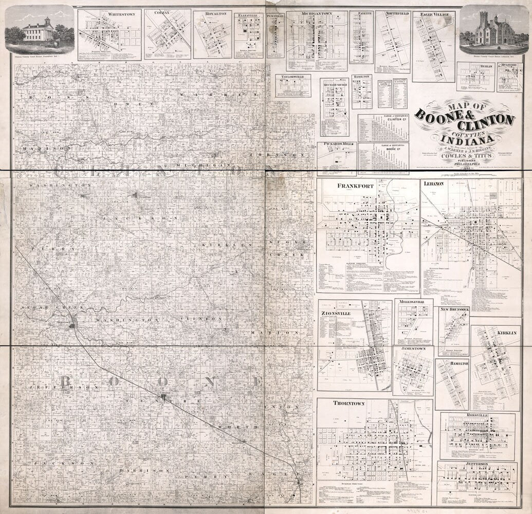 1865 Farm Line Map of Boone & Clinton County Indiana