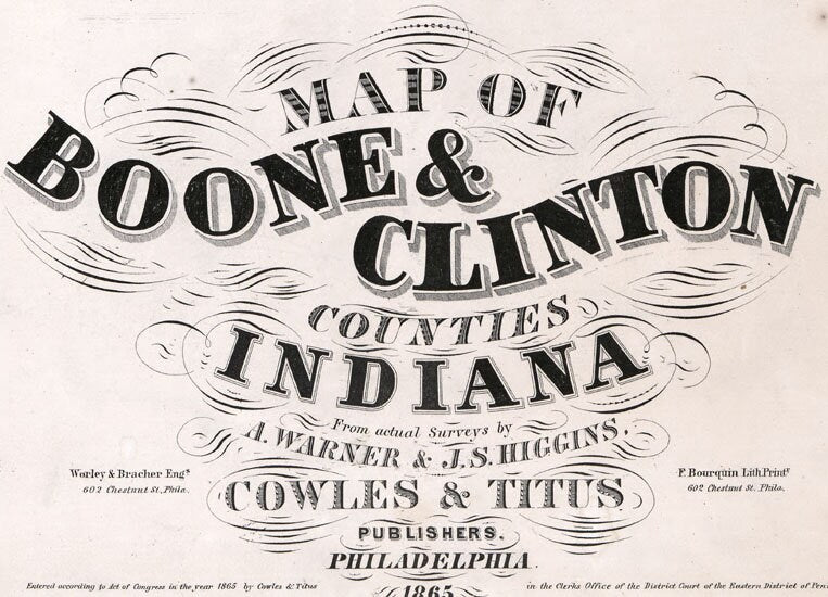 1865 Farm Line Map of Boone & Clinton County Indiana