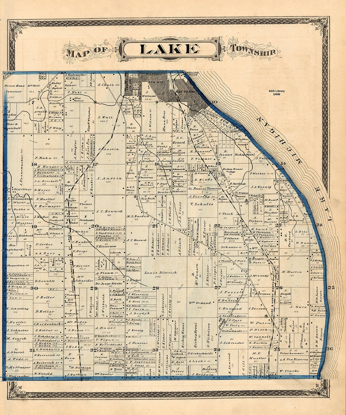 1876 Map of Lake Township Milwaukee County Wisconsin