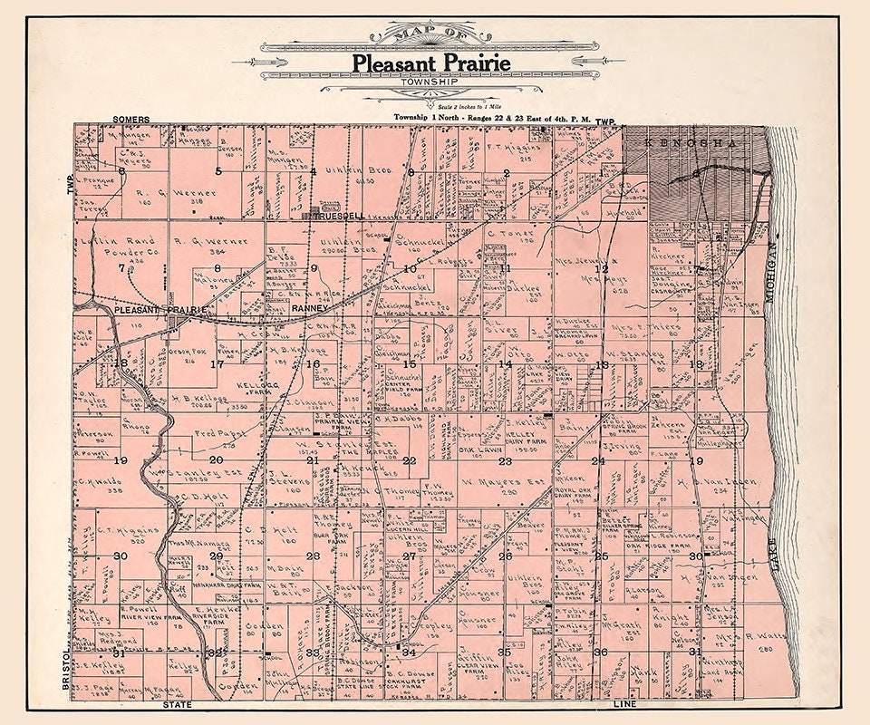 1908 Map of Pleasant Prairie Township Kenosha County Wisconsin