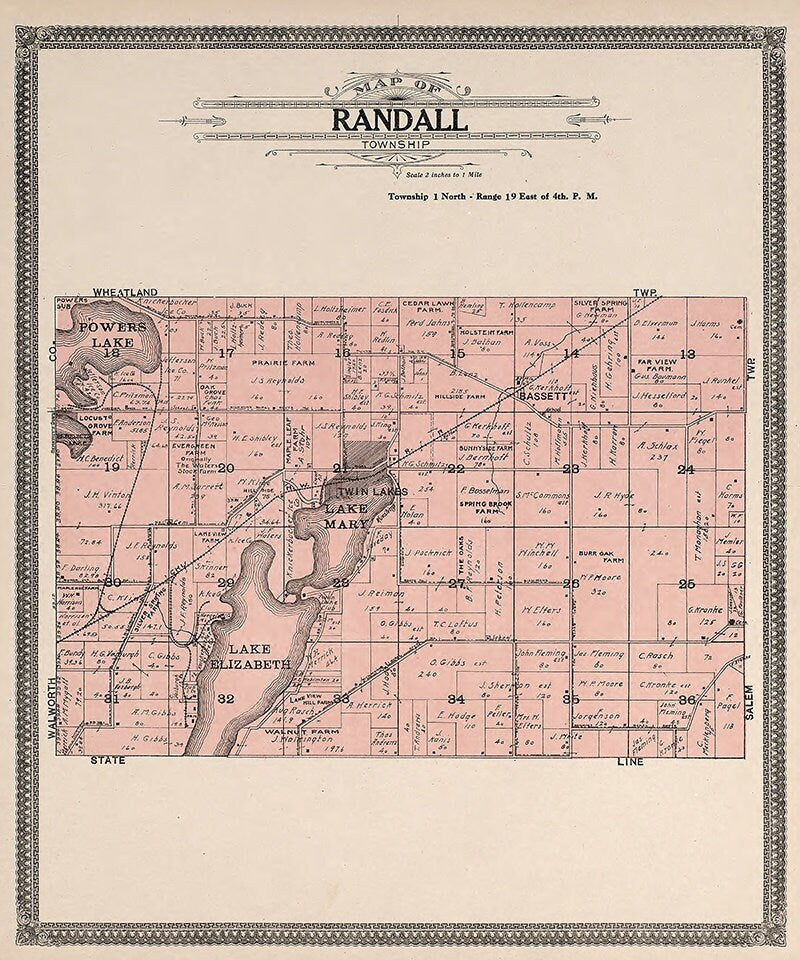 1908 Map of Randall Township Kenosha County Wisconsin