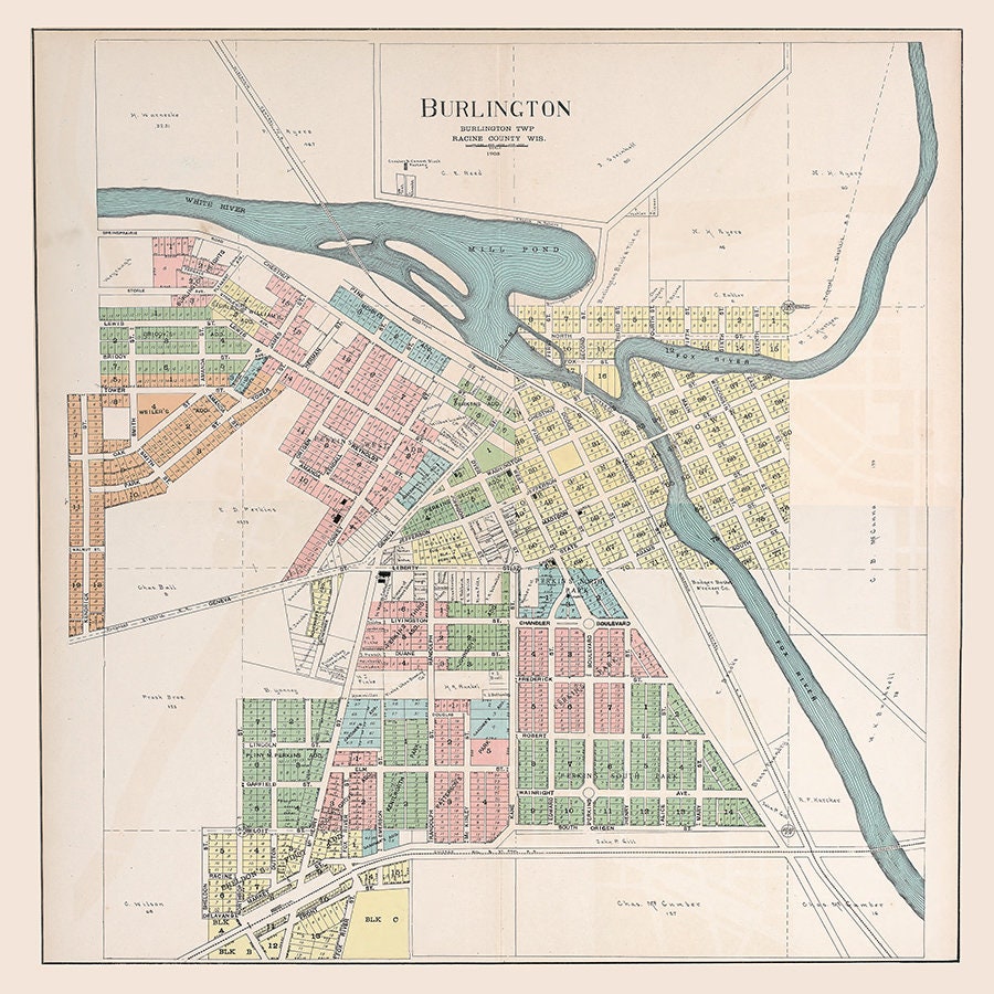 1908 Town Map of Burlington Racine County Wisconsin