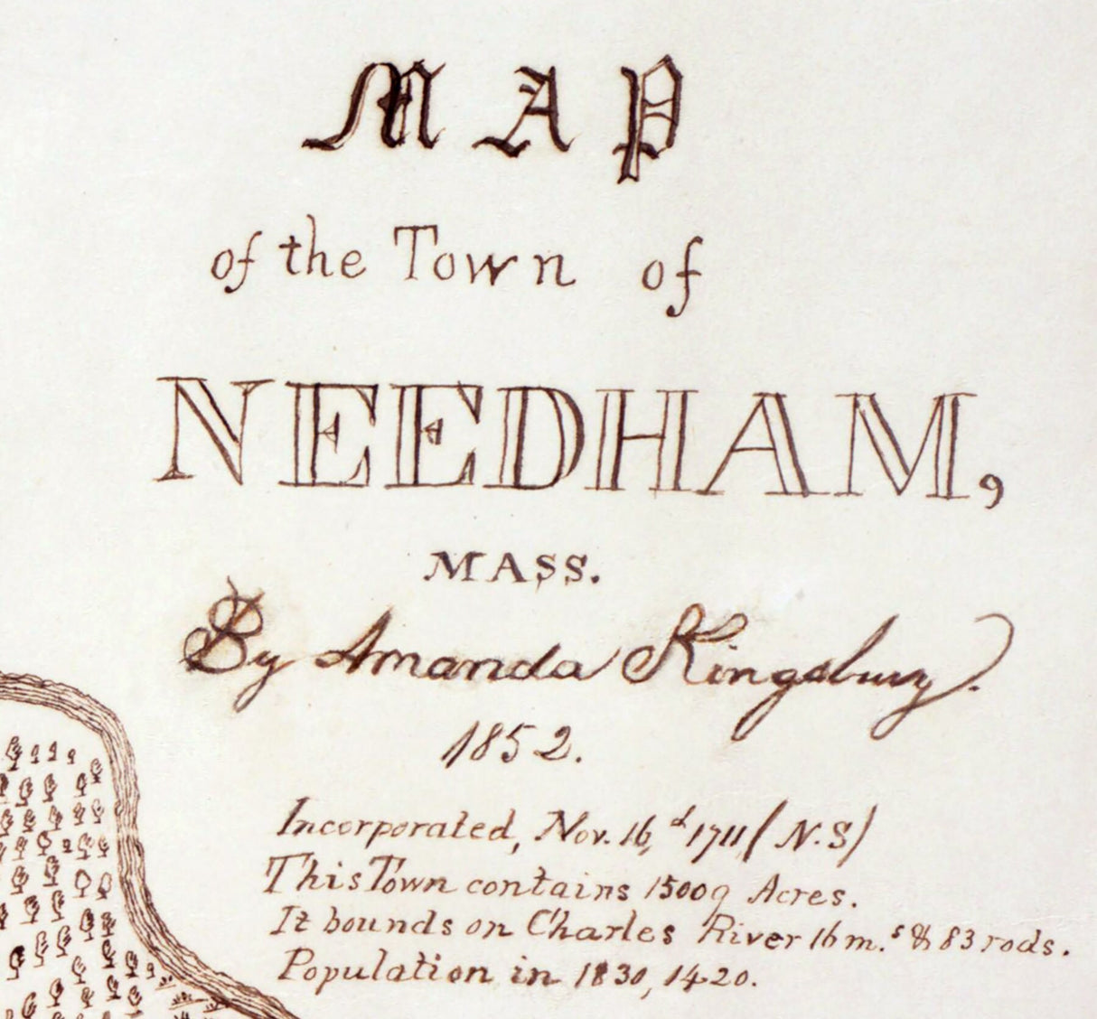 1852 Town Map of Needham Norfolk County Massachusetts