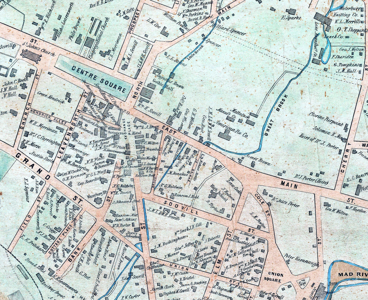 1852 Town Map of Waterbury New Haven County Connecticut