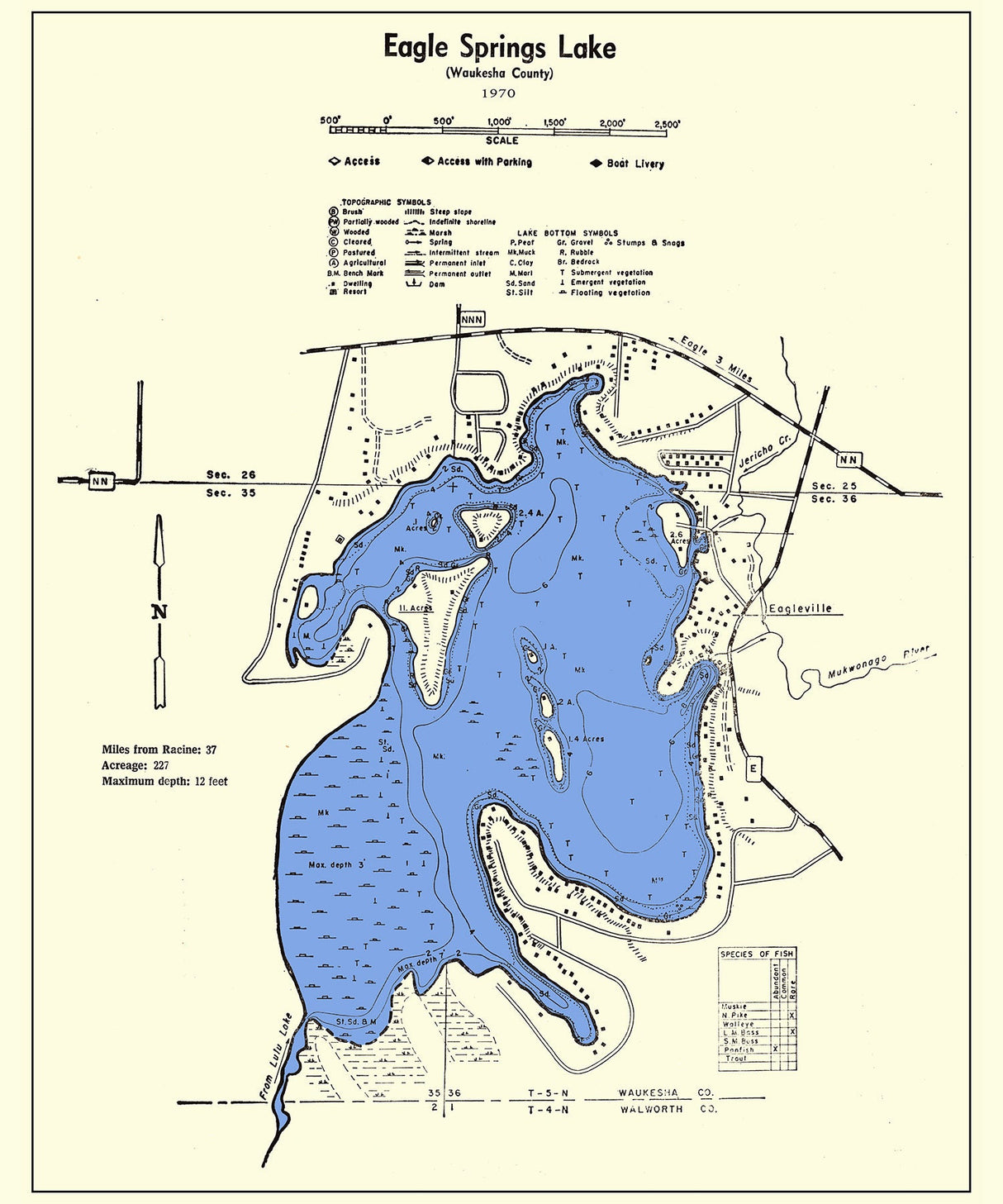 1970 Map of Eagle Springs Lake Waukesha County Wisconsin