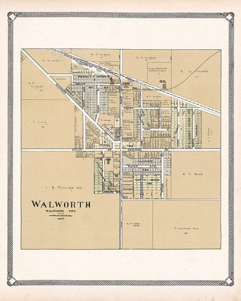 1907 Town Map of Walworth Walworth County Wisconsin