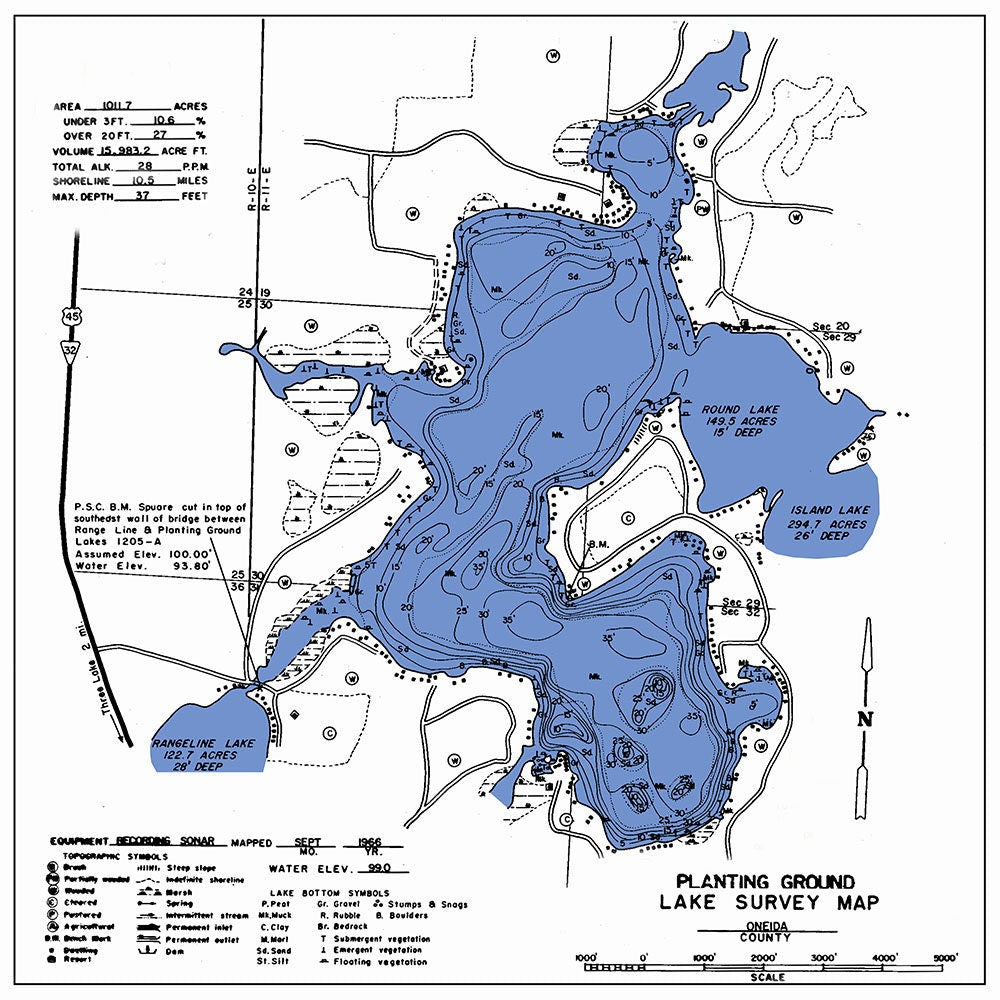 1966 Map of Planting Ground Lake Oneida County Wisconsin