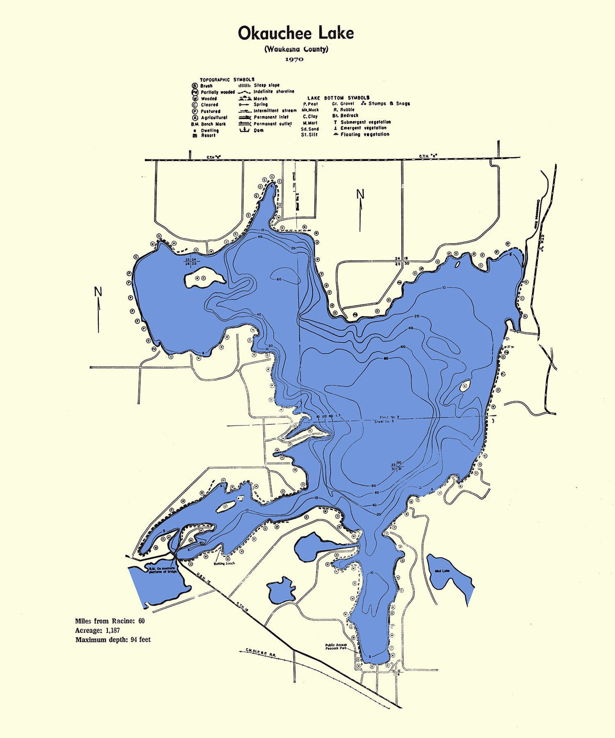 1970 Map of Okauchee Lake Waukesha County Wisconsin