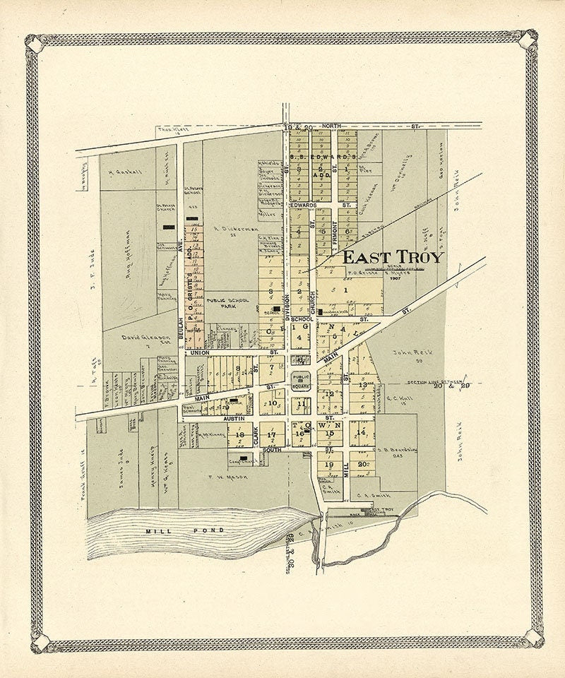 1907 Town Map of East Troy Walworth County Wisconsin