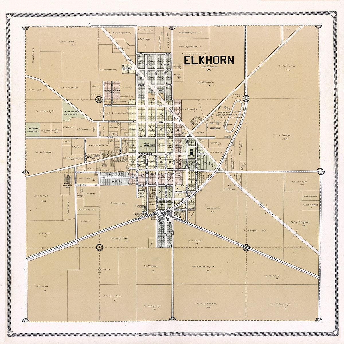 1907 Town Map of Elkhorn Walworth County Wisconsin