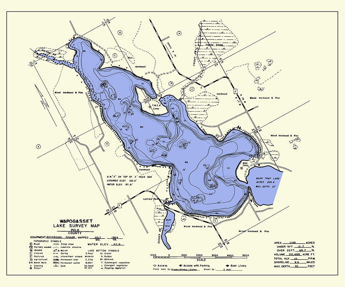 1964 Map of Wapogasset Lake Polk County Wisconsin