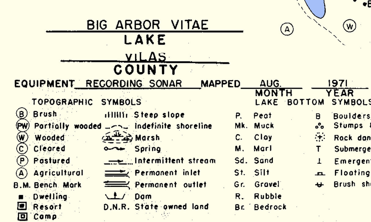 1971 Map of Big Arbor Vitae Lake Vilas County Wisconsin