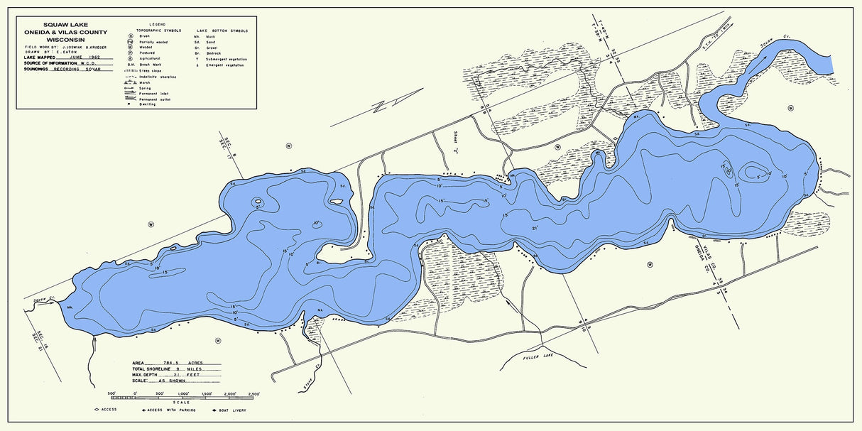 1962 Map of Squaw Lake Oneida and Vilas County Wisconsin