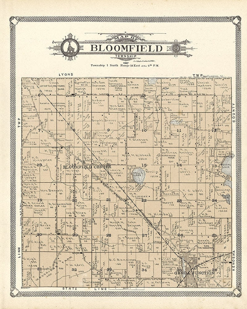 1907 Map of Bloomfield Township Walworth County Wisconsin