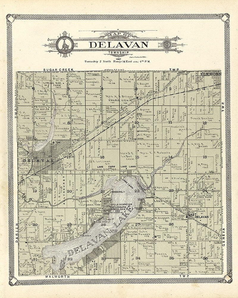 1907 Map of Delavan Township Walworth County Wisconsin