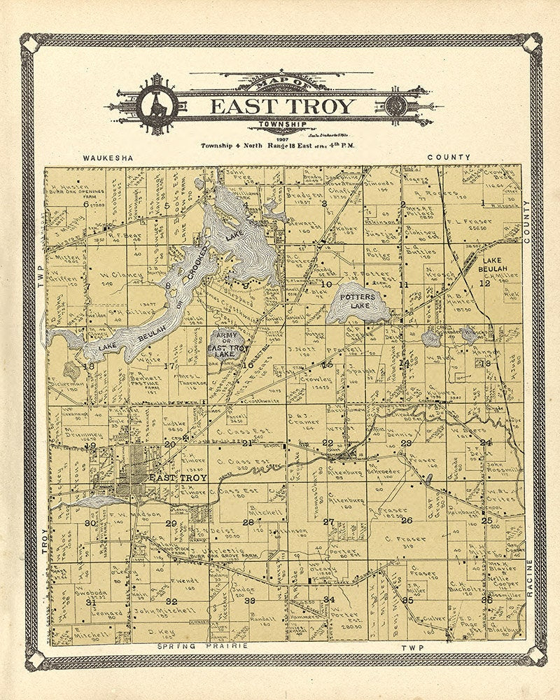 1907 Map of East Troy Township Walworth County Wisconsin