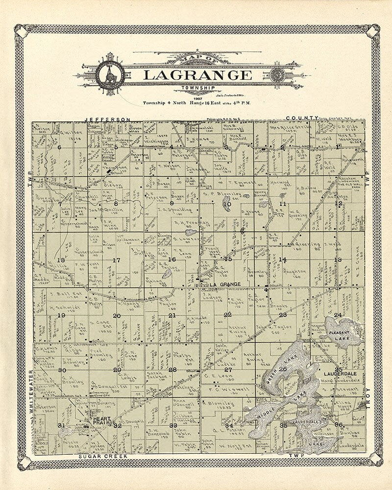 1907 Map of LaGrange Township Walworth County Wisconsin