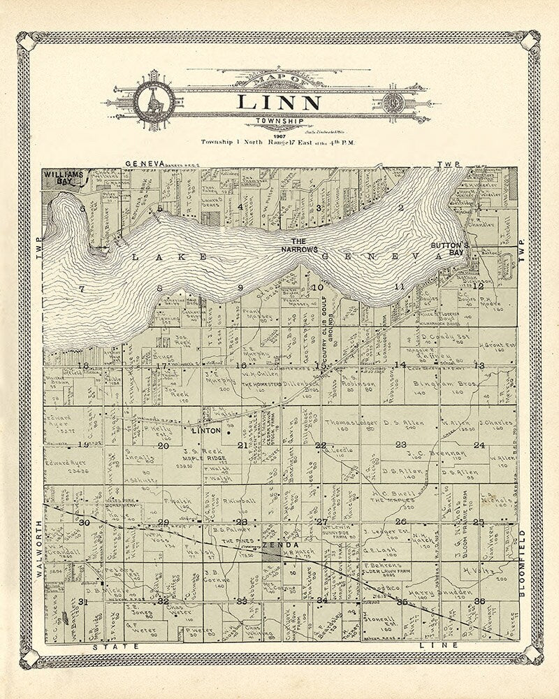 1907 Map of Linn Township Walworth County Wisconsin