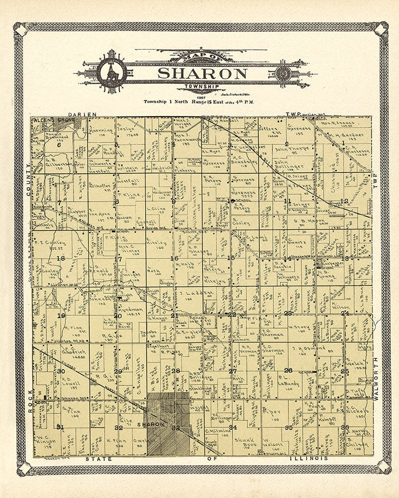 1907 Map of Sharon Township Walworth County Wisconsin