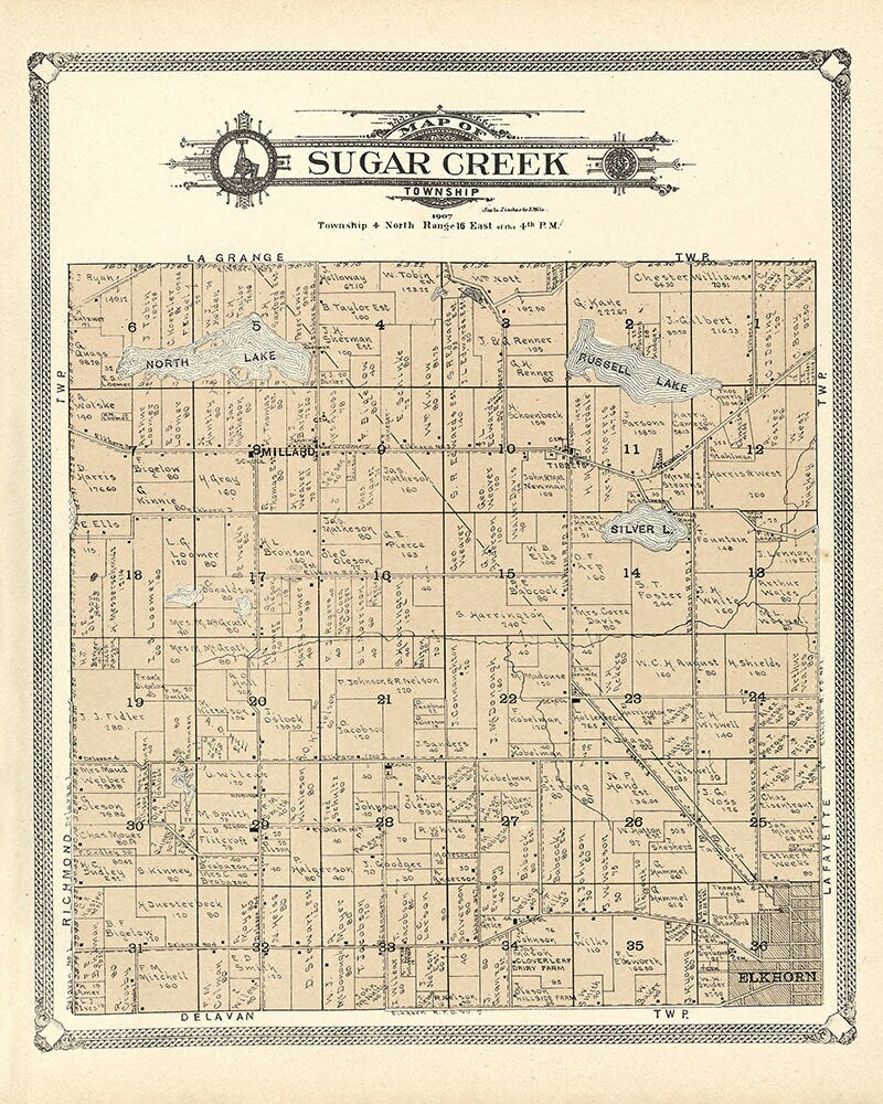 1907 Map of Sugar Creek Township Walworth County Wisconsin