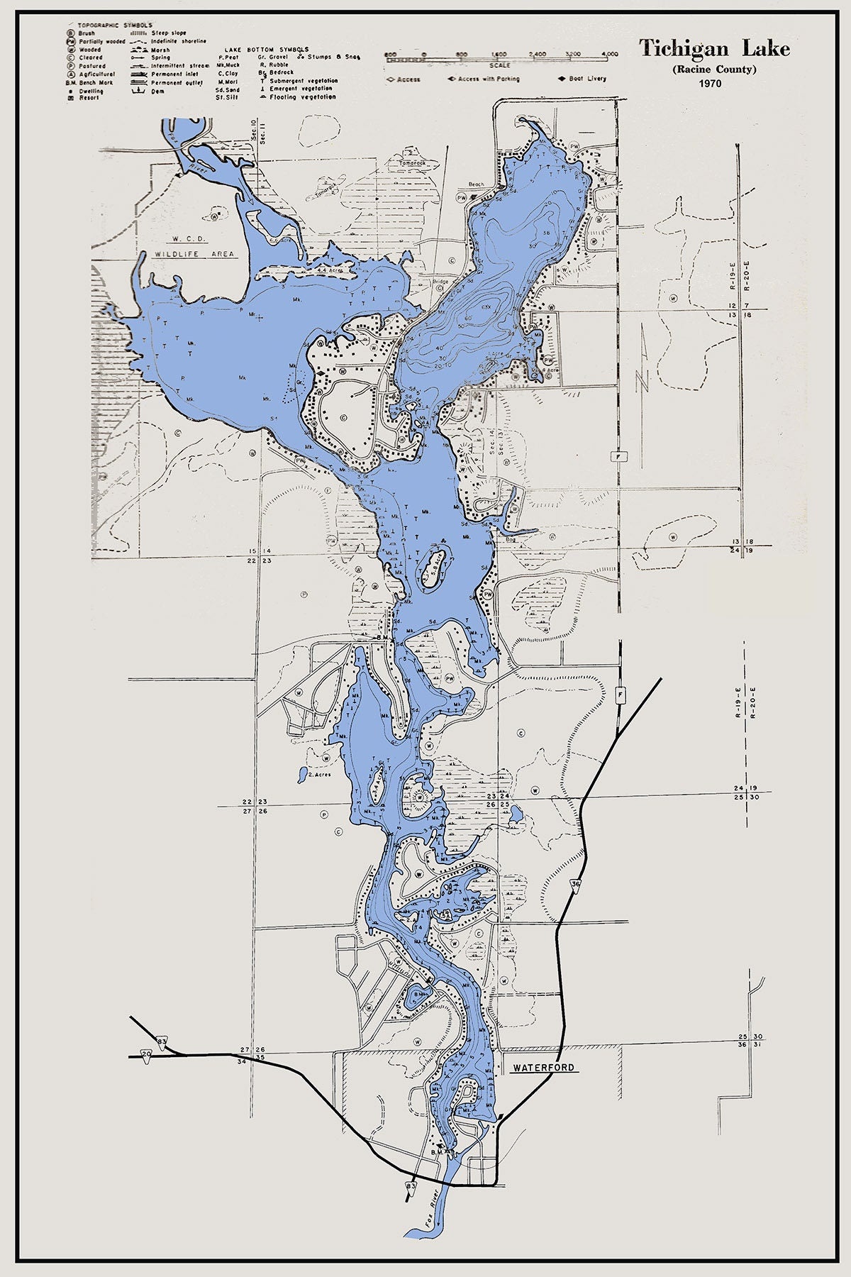 1970 Map of Tichigan Lake Racine County Wisconsin