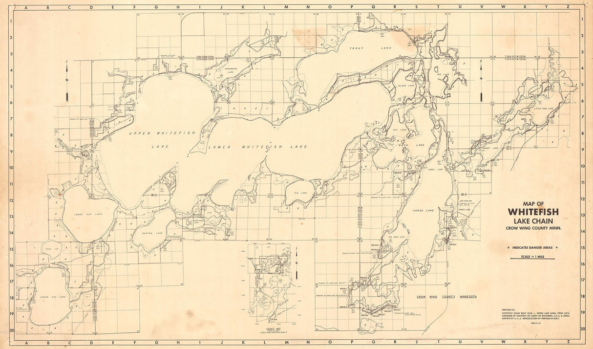 Early 1900s Map of Whitefish Lake Chain Crow Wing County Minnesota