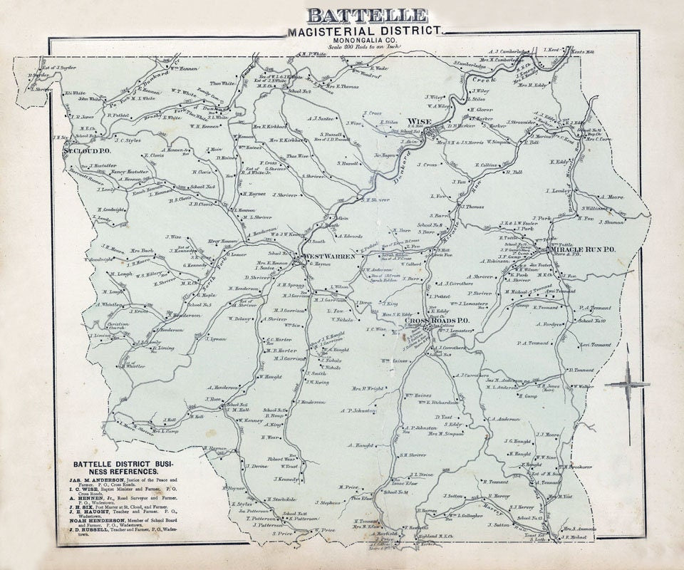 1886 Map of Battelle Township Monongalia County West Virginia