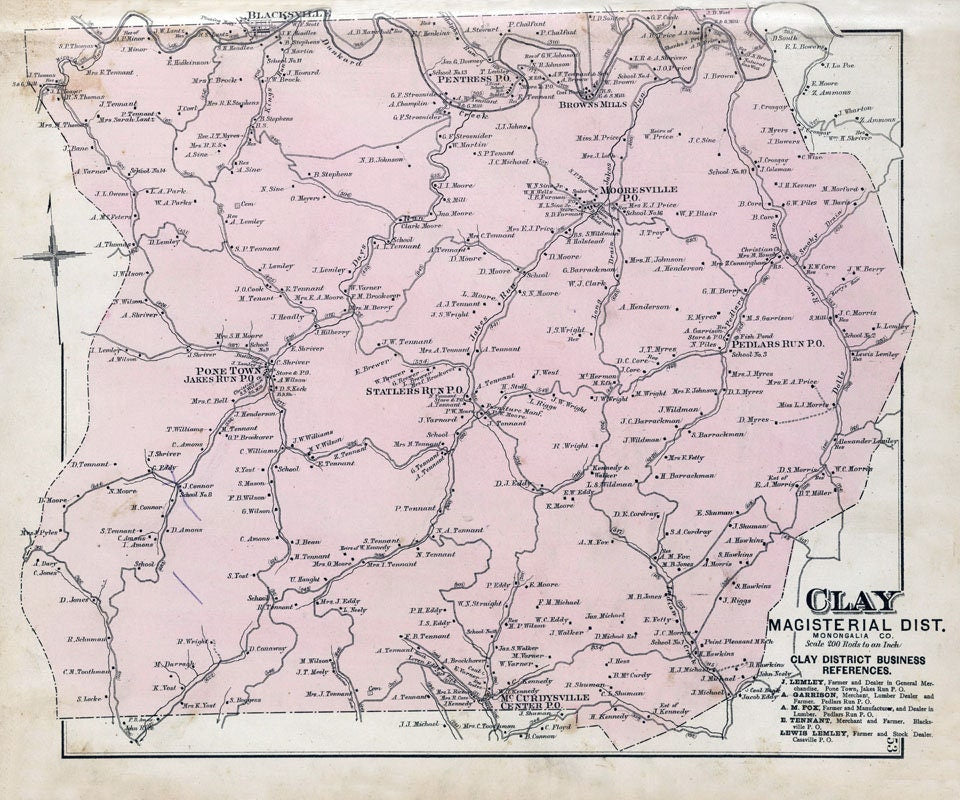 1886 Map of Clay Township Monongalia County West Virginia