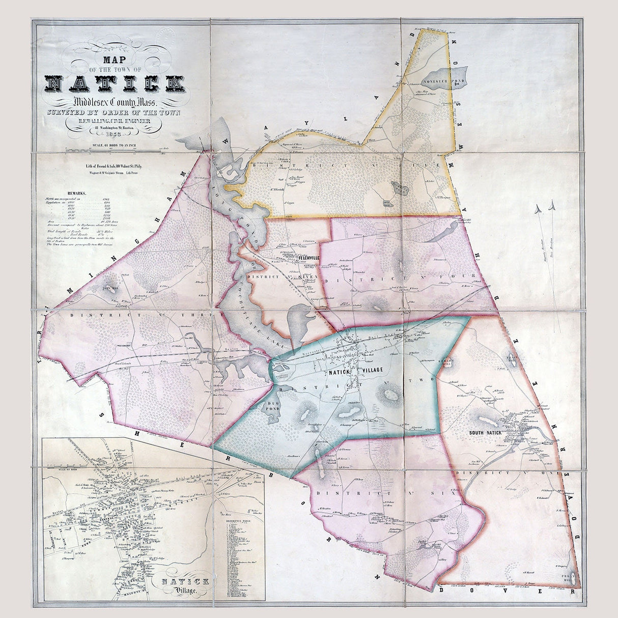 1853 Town Map of Natick Middlesex County Massachusetts