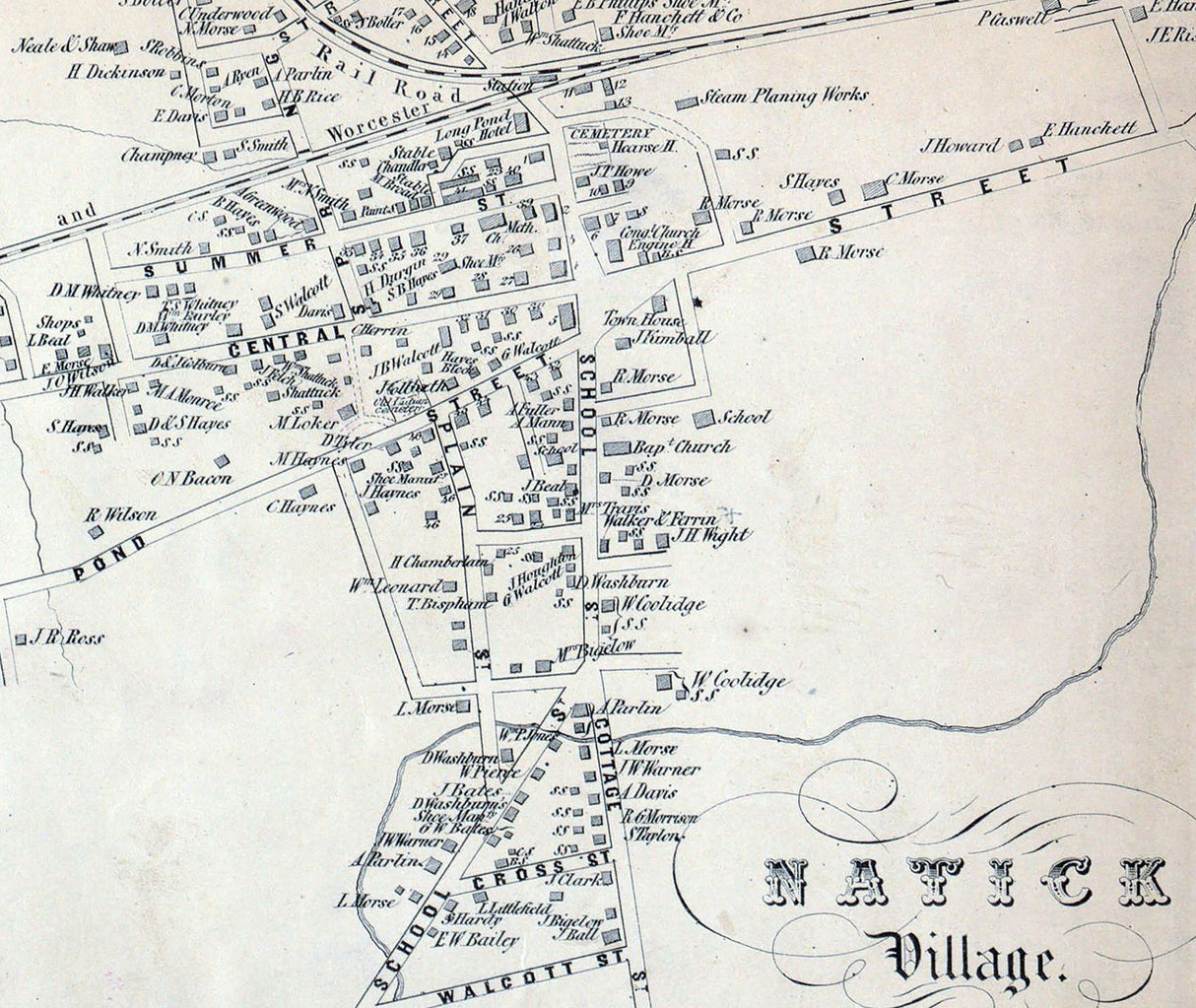 1853 Town Map of Natick Middlesex County Massachusetts