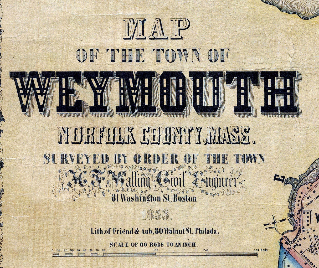 1853 Town Map of Weymouth Norfolk County Massachusetts