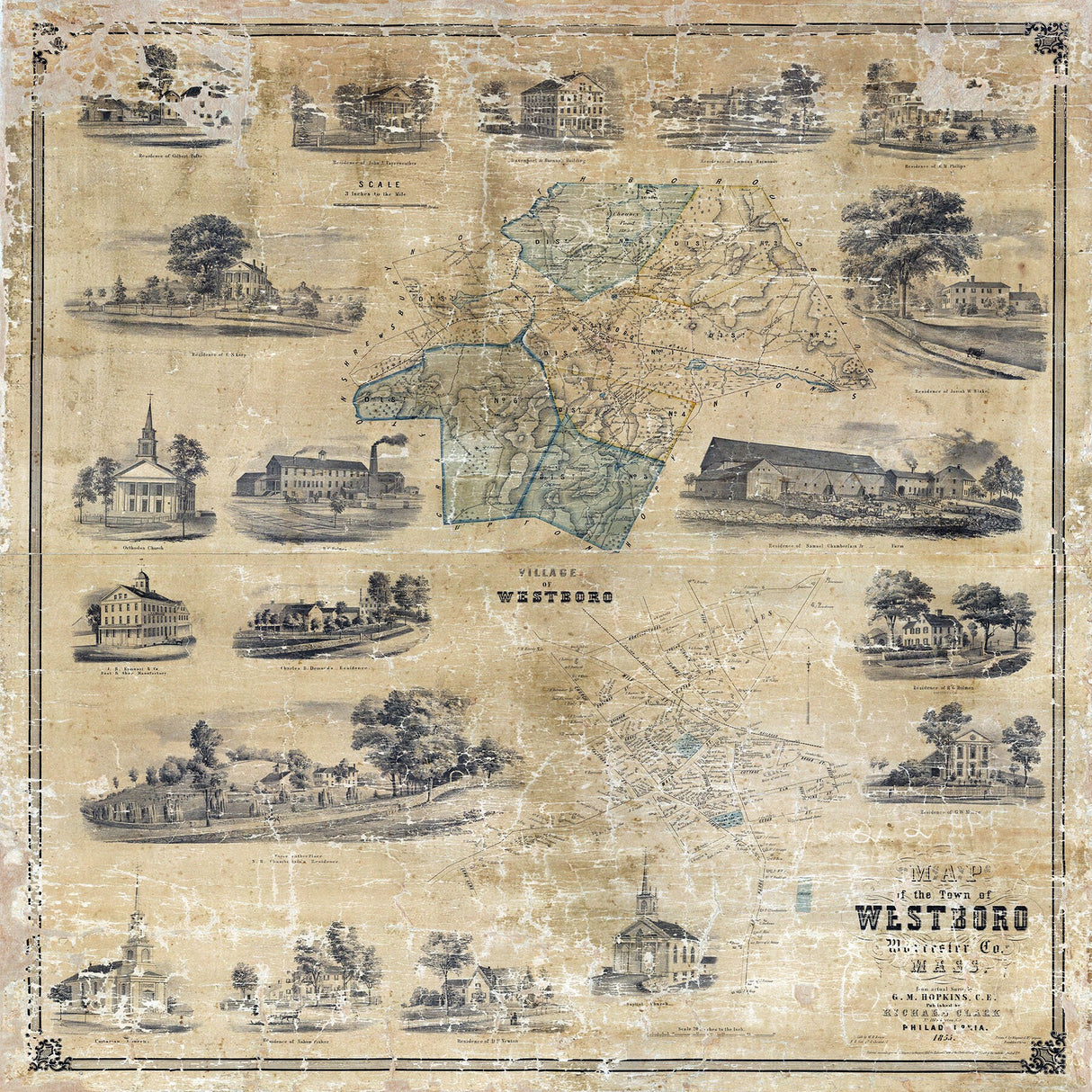 1855 Town Map of Westboro Worcester County Massachusetts