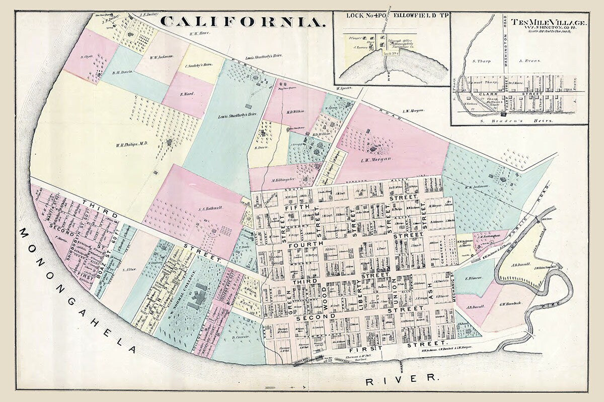 1876 Map of California Washington County PA Ten Mile Village