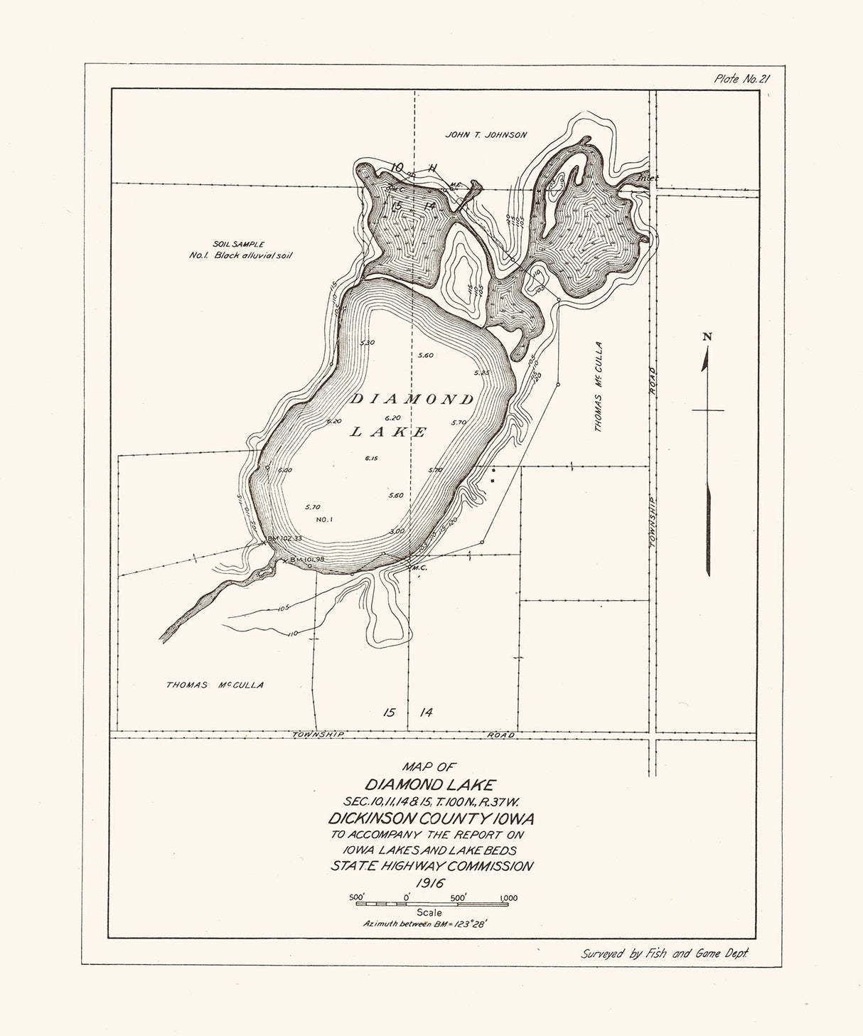 1916 Map of Diamond Lake Dickinson County Iowa