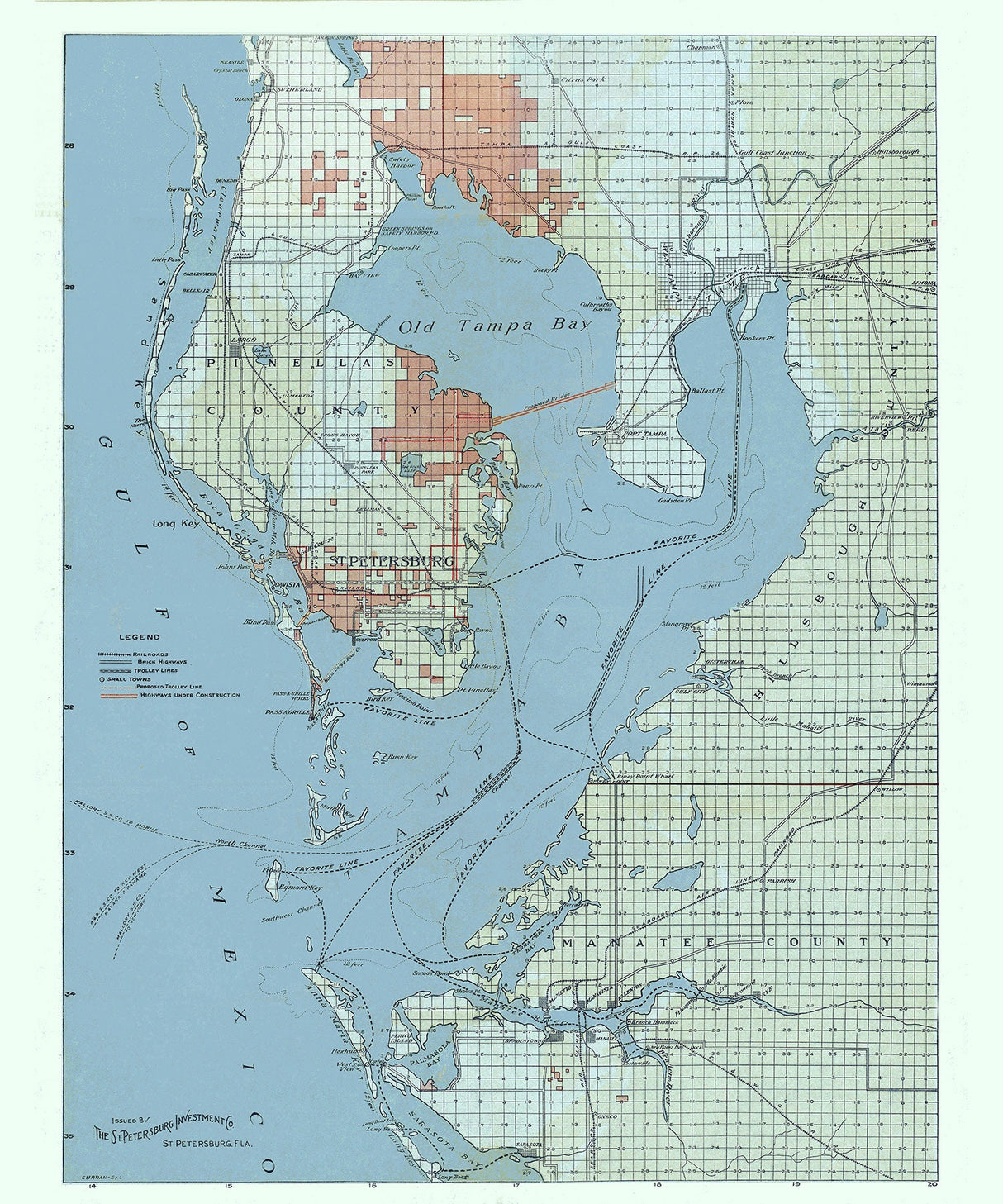 1920 Map of Tampa Bay Florida and Pinellas Peninsula