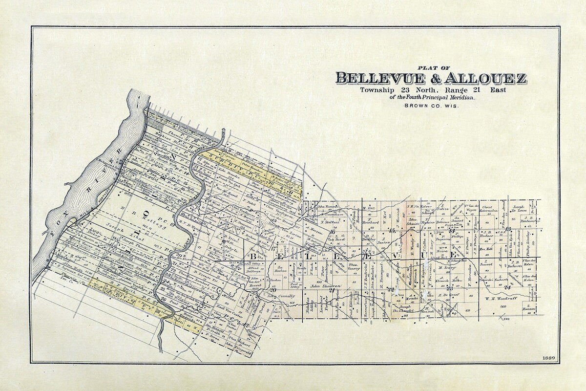 1889 Map of Bellevue & Allouez Township Brown County Wisconsin