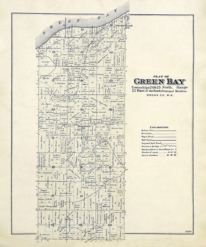 1889 Map of Green Bay Township Brown County Wisconsin