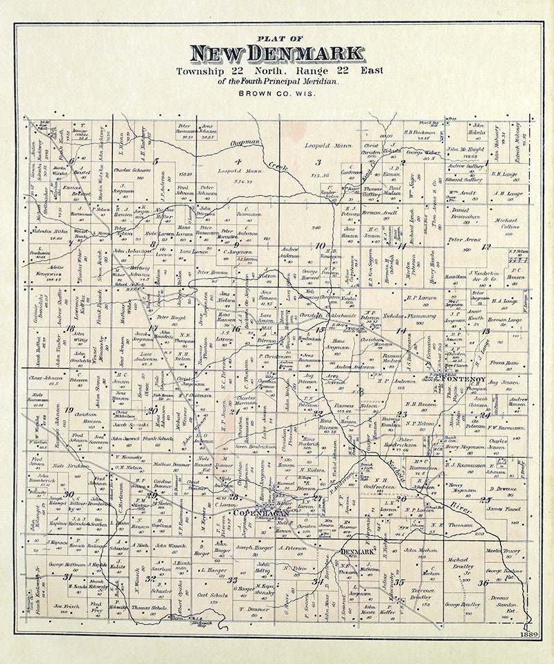 1889 Map of New Denmark Township Brown County Wisconsin