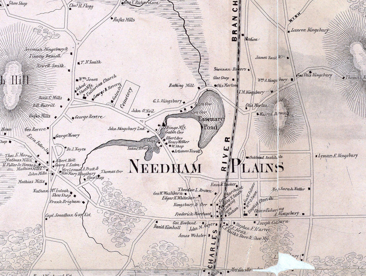 1856 Town Map of Needham Norfolk County Massachusetts